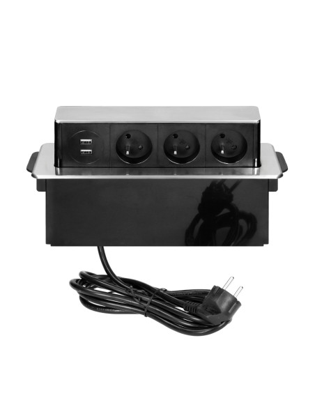  Gniazdo meblowe wysuwane z blatu z płaskim frezowanym rantem, ładowarką USB i przewodem 2m, 3 gniazda typ E, 2 x USB...