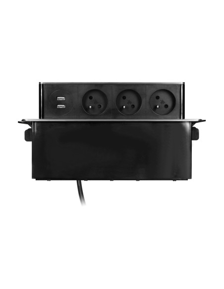  Gniazdo meblowe wysuwane z blatu z płaskim frezowanym rantem, ładowarką USB i przewodem 2m, 3 gniazda typ E, 2 x USB...