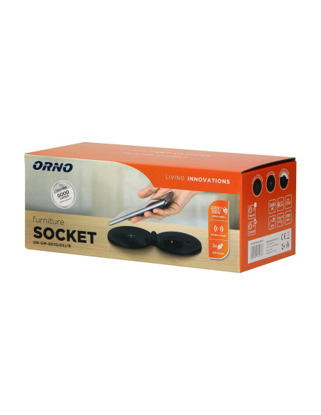  Gniazdo meblowe Ø8cm wpuszczane w blat z ładowarką indukcyjną, ładowarką USB z 2 gniazdami A i C, przelotką...