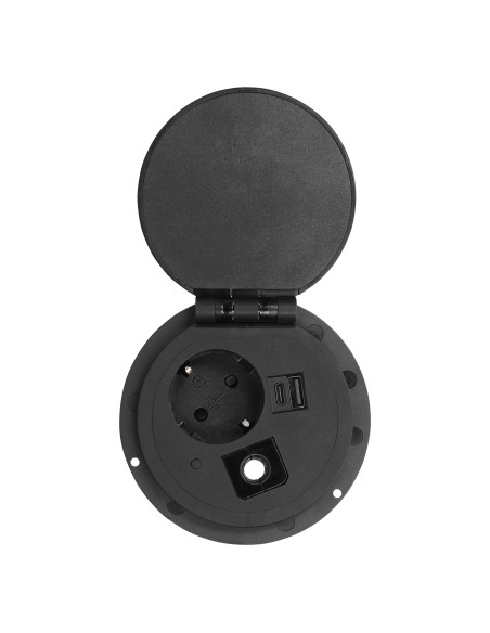  Gniazdo meblowe Ø8cm wpuszczane w blat z ładowarką indukcyjną, ładowarką USB z 2 gniazdami A i C, przelotką...