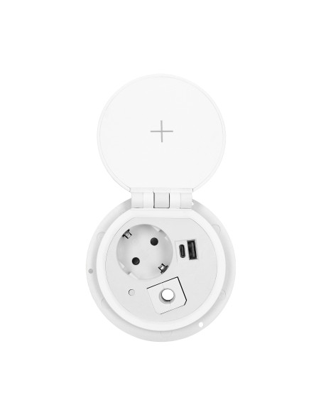  Gniazdo meblowe Ø8cm wpuszczane w blat z ładowarką indukcyjną, ładowarką USB z 2 gniazdami A i C, przelotką...