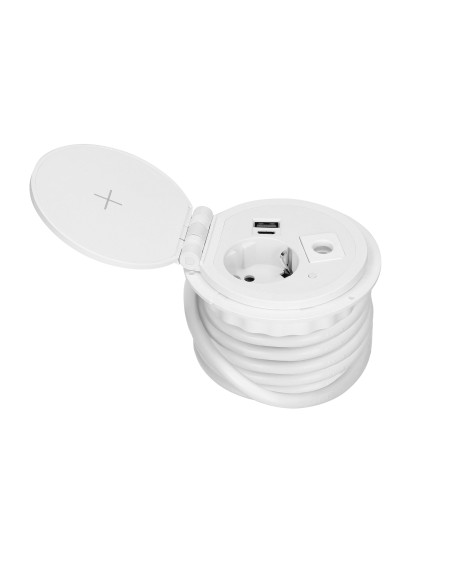  Gniazdo meblowe Ø8cm wpuszczane w blat z ładowarką indukcyjną, ładowarką USB z 2 gniazdami A i C, przelotką...