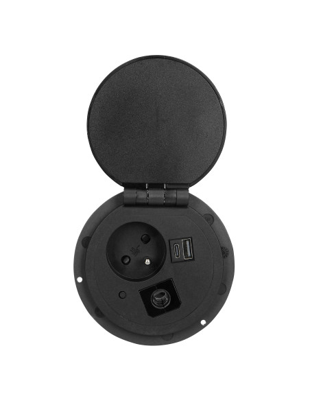  Gniazdo meblowe Ø8cm wpuszczane w blat z ładowarką indukcyjną, ładowarką USB z 2 gniazdami A i C, przelotką...