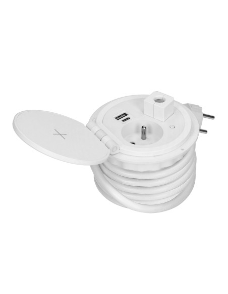  Gniazdo meblowe Ø8cm wpuszczane w blat z ładowarką indukcyjną, ładowarką USB z 2 gniazdami A i C, przelotką...