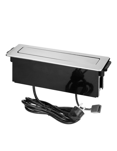  Gniazdo meblowe wysuwane z blatu z płaskim frezowanym rantem, ładowarką USB i przewodem 2m,  2x2P+Z (Schuko), 2 x USB...