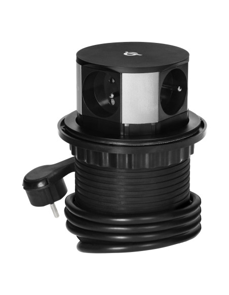  Gniazdo meblowe Ø10cm wysuwane z blatu z ładowarką indukcyjną, ładowarką USB i przewodem 1,5m, 3x2P+Z, Qi 1.2.4...