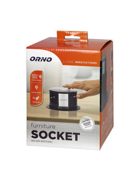  Gniazdo meblowe Ø10cm wysuwane z blatu z ładowarką indukcyjną, ładowarką USB i przewodem 1,5m, 3x2P+Z (Schuko), Qi...