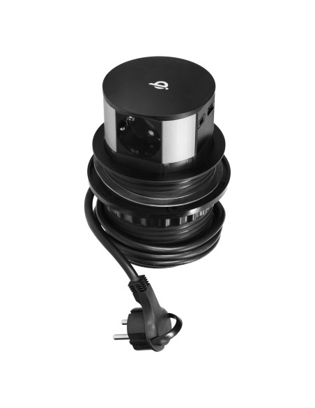  Gniazdo meblowe Ø10cm wysuwane z blatu z ładowarką indukcyjną, ładowarką USB i przewodem 1,5m, 3x2P+Z (Schuko), Qi...