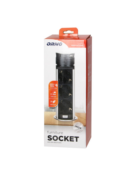 Wpuszczane gniazdo meblowe Ø6cm z ładowarką USB i przewodem 1,5m, 3x2P+Z (Schuko), 2xUSB (typ A i typ C), INOX