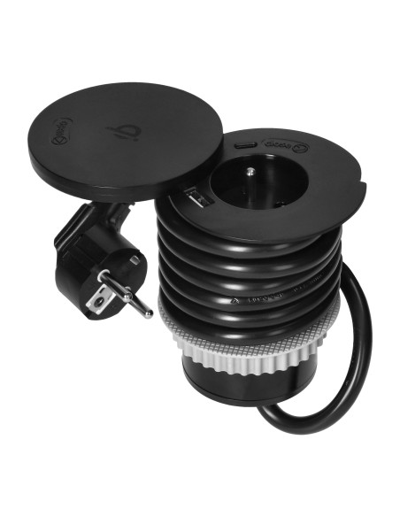  Gniazdo meblowe Ø6cm z rotacyjną pokrywą, ładowarką indukcyjną, ładowarką USB i przewodem 1,5m, 1x2P+Z, Qi 1.2.4...
