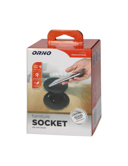  Gniazdo meblowe Ø6cm z rotacyjną pokrywą, ładowarką indukcyjną, ładowarką USB i przewodem 1,5m, 1x2P+Z, Qi 1.2.4...