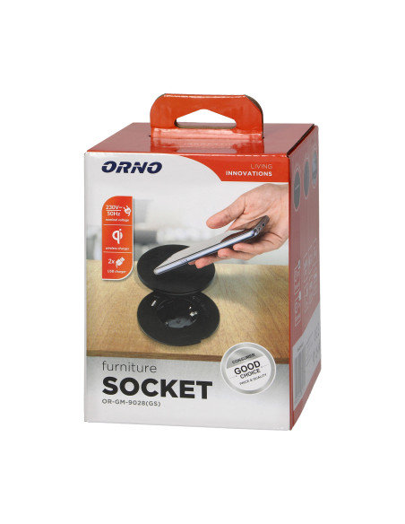 Gniazdo meblowe Ø6cm z rotacyjną pokrywą, ładowarką indukcyjną, ładowarką USB i przewodem 1,5m, 1x2P+Z (Schuko),...