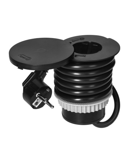  Gniazdo meblowe Ø6cm z rotacyjną pokrywą, ładowarką indukcyjną, ładowarką USB i przewodem 1,5m, 1x2P+Z (Schuko),...