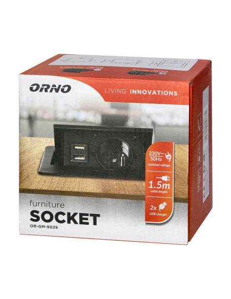  Wpuszczane gniazdo meblowe z ładowarką USB i przewodem 1,5m,  1x2P+Z, 2xUSB (typ A, 2,1A), płaski rant frezowany,...