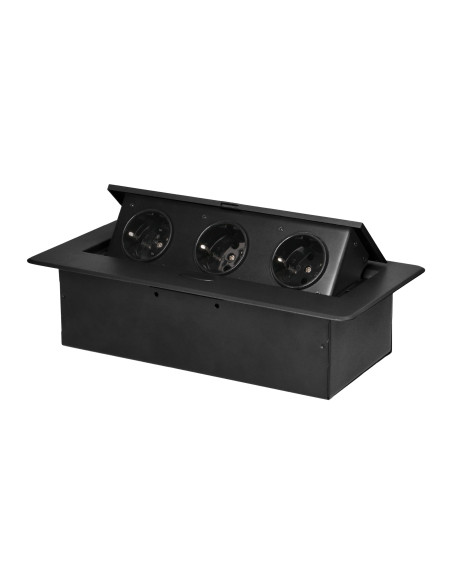 Gniazdo meblowe wpuszczane w blat z płaskim frezowanym rantem, 3x2P+Z (Schuko), czarne