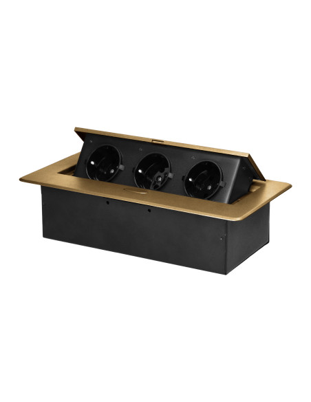 Gniazdo meblowe wpuszczane w blat z płaskim frezowanym rantem, 3x2P+Z (Schuko), złote