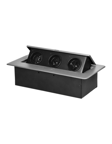 Gniazdo meblowe wpuszczane w blat z płaskim frezowanym rantem, 3x2P+Z, srebrne