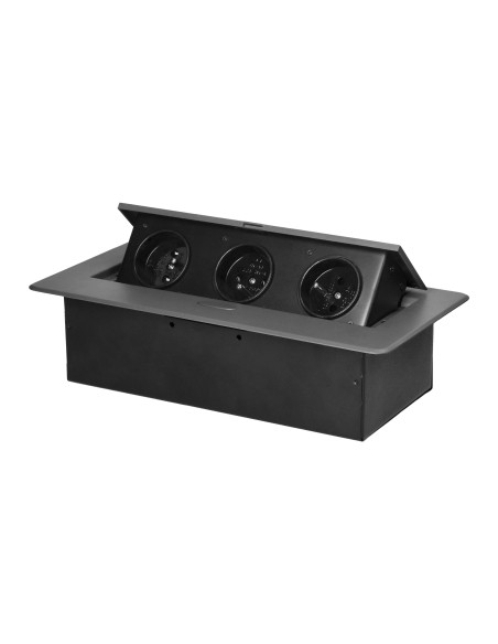 Gniazdo meblowe wpuszczane w blat z płaskim, frezowanym rantem i pełną spodnią zabudową, 3x2P+Z, grafit