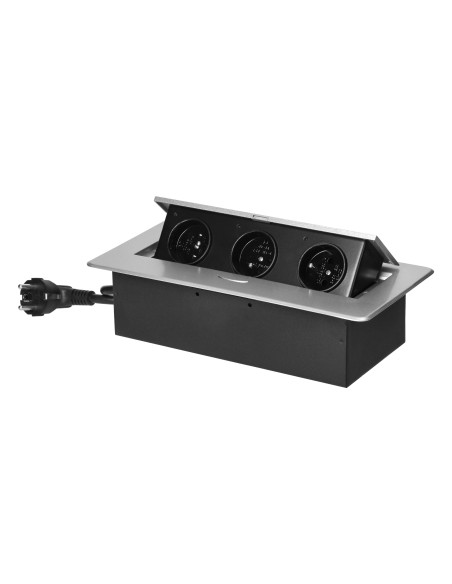 Gniazdo meblowe wpuszczane w blat z płaskim frezowanym rantem i przewodem 1,5m, 3x2P+Z, srebrne