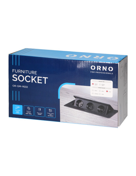 Gniazdo meblowe wpuszczane w blat z płaskim frezowanym rantem i przewodem 1,5m, 3x2P+Z, srebrne