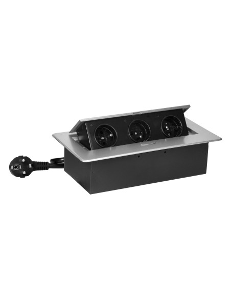 Gniazdo meblowe wpuszczane w blat z płaskim frezowanym rantem i przewodem 1,5m, 3x2P+Z, srebrne