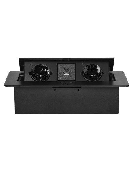  Gniazdo meblowe wpuszczane w blat z płaskim frezowanym rantem i ładowarką USB, 2x2P+Z (Schuko),2x USB (typ A+C,...