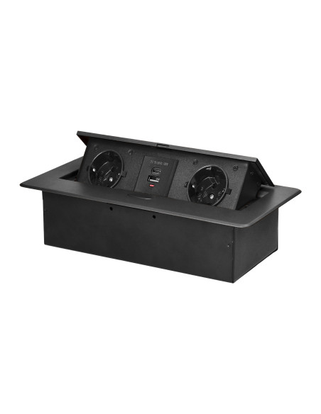  Gniazdo meblowe wpuszczane w blat z płaskim frezowanym rantem i ładowarką USB, 2x2P+Z (Schuko),2xUSB (typ A+C, 3,6A),...
