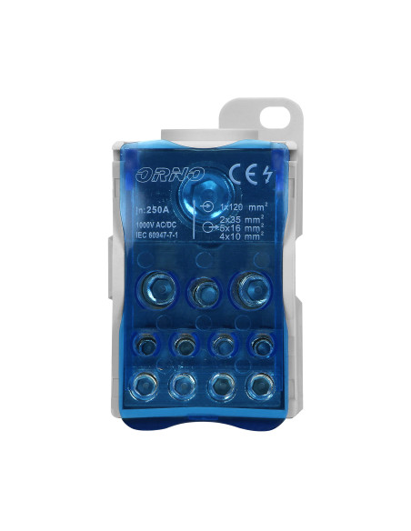 Blok rozdzielczy 250A, zacisk wejściowy 1x120mm², zaciski wyjściowe 4x10 i 5x16 i 2x25mm²