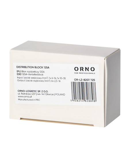Blok rozdzielczy 125A, zaciski wejściowe 1x16 i 1x35mm², zaciski wyjściowe 6x16mm²