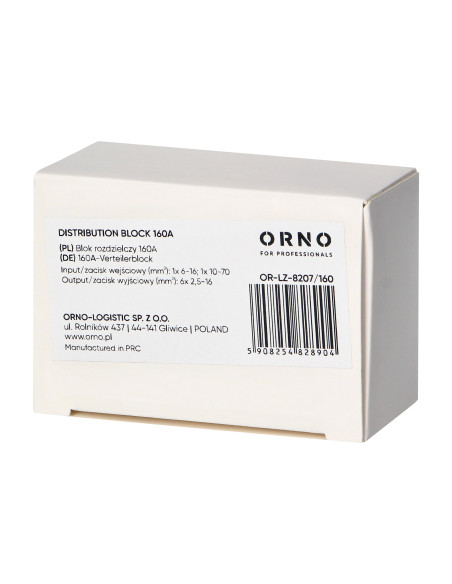 Blok rozdzielczy 160A, zacisk wejściowy 1x16 i 1x70mm2, zaciski wyjściowe 6x16mm2,wygodne mocowanie na szynie DIN