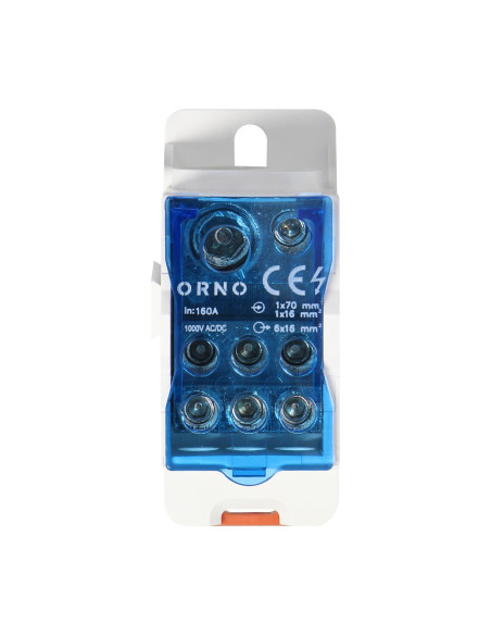 Blok rozdzielczy 160A, zacisk wejściowy 1x16 i 1x70mm2, zaciski wyjściowe 6x16mm2,wygodne mocowanie na szynie DIN