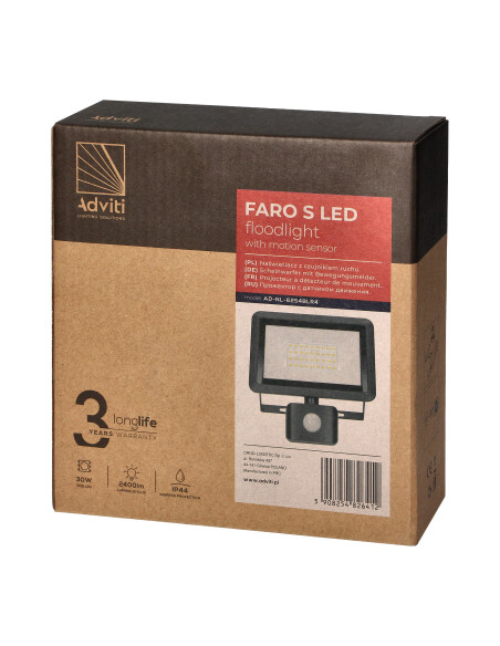 FARO S LED naświetlacz z PIR 30W, 2400lm, IP44, 4000K, aluminium + szkło