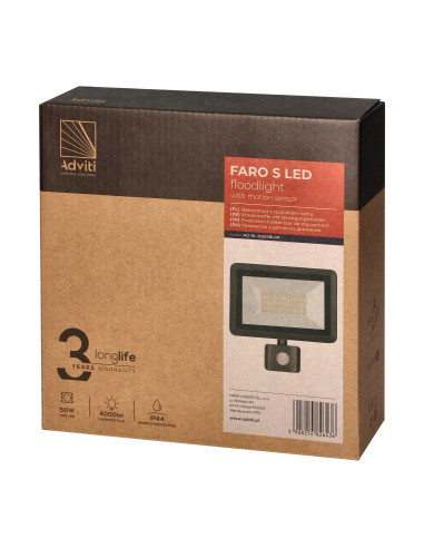 FARO S LED naświetlacz z PIR 50W, 4000lm, IP44,...