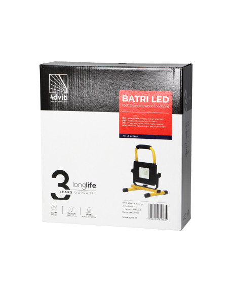 BATRI LED 20W, Naświetlacz roboczy, przenośny z akumulatorem, 1600lm, IP65, 6500K, 2200mAh