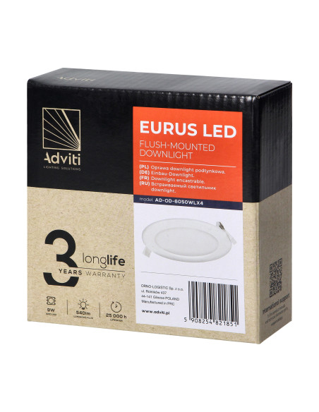 EURUS LED 9W, oprawa downlight, podtynkowa, okrągła, 540lm, 4000K, biała, wbudowany zasilacz LED