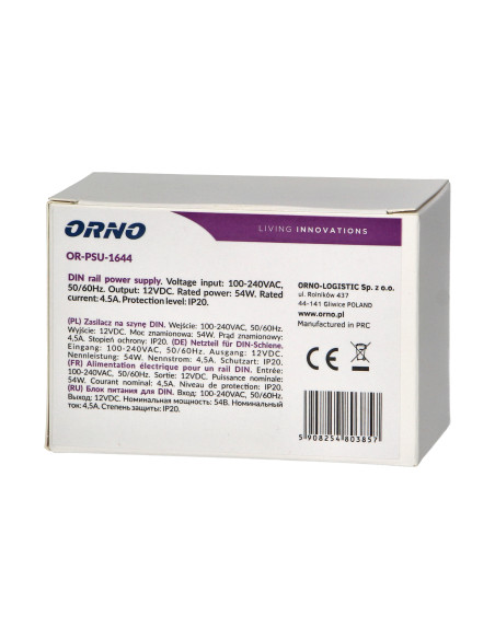 Zasilacz na szynę DIN 12VDC, 4,5A, 54W, szerokość 3 moduły