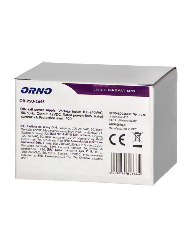 Zasilacz na szynę DIN 12VDC, 7A, 84W, szerokość...