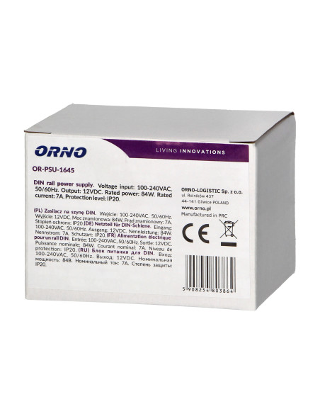Zasilacz na szynę DIN 12VDC, 7A, 84W, szerokość 4 moduły