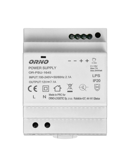 Zasilacz na szynę DIN 12VDC, 7A, 84W, szerokość 4 moduły