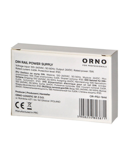 Zasilacz na szynę DIN 24VDC, 0,63A, 15W, szerokość 1 moduł
