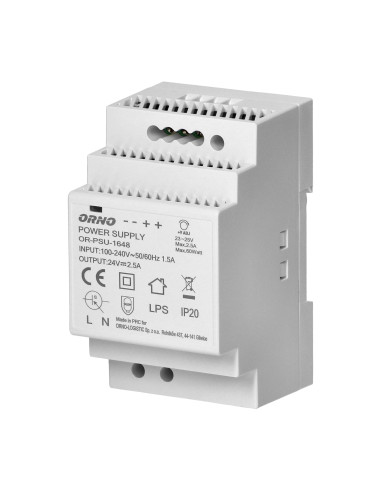 Zasilacz na szynę DIN 24VDC, 2,5A, 60W, szerokość 3 moduły