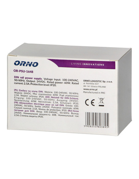 Zasilacz na szynę DIN 24VDC, 2,5A, 60W, szerokość 3 moduły
