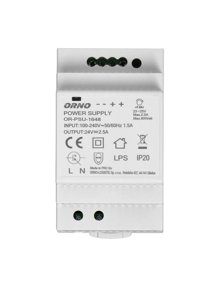 Zasilacz na szynę DIN 24VDC, 2,5A, 60W, szerokość 3 moduły