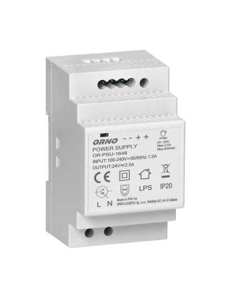 Zasilacz na szynę DIN 24VDC, 2,5A, 60W, szerokość 3 moduły