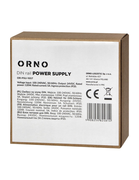 Zasilacz przemysłowy, na szynę DIN, 24VDC, 5A, 120W, w metalowej obudowie