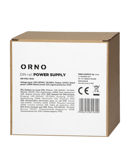 Zasilacz przemysłowy, na szynę DIN, 24VDC, 10A, 240W, w metalowej obudowie