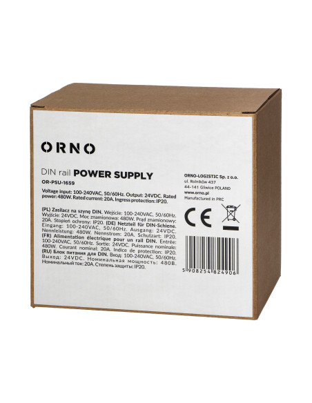 Zasilacz przemysłowy, na szynę DIN, 24VDC, 20A, 480W, w metalowej obudowie