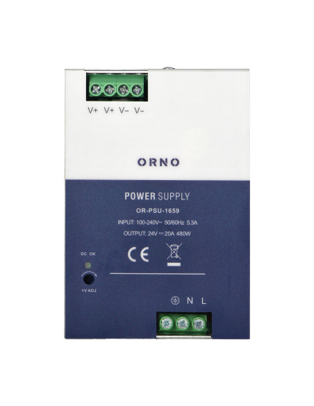 Zasilacz przemysłowy, na szynę DIN, 24VDC, 20A, 480W, w metalowej obudowie