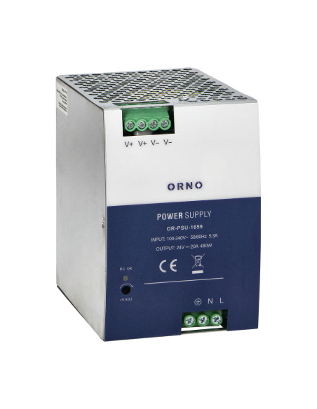Zasilacz przemysłowy, na szynę DIN, 24VDC, 20A, 480W, w metalowej obudowie