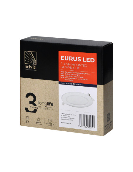 EURUS LED 12W, oprawa downlight, podtynkowa, okrągła, 860lm, 4000K, biała, wbudowany zasilacz LED